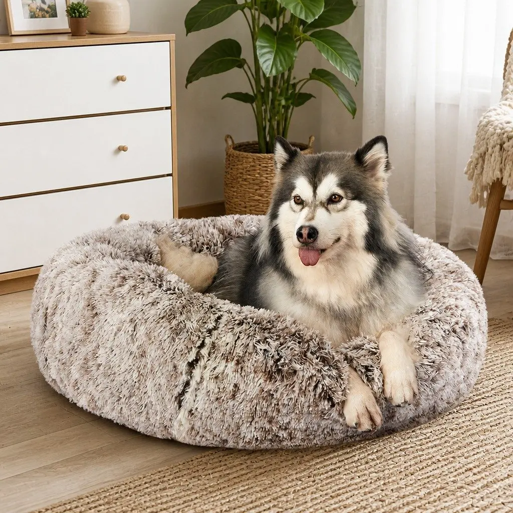 Medium Brown Calming Donut Pet Bed with Non-Slip Base