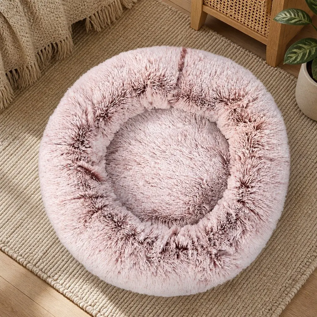 Pet Donut Bed Calming Nest Cat Dog Medium Pink Plush Comfort Anxiety Relief