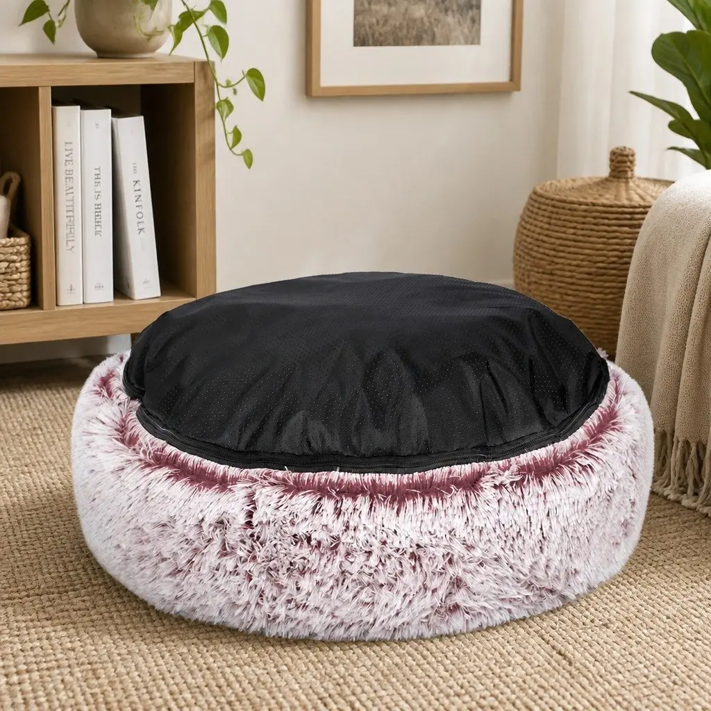 Pet Donut Bed Calming Nest Cat Dog Medium Pink Plush Comfort Anxiety Relief