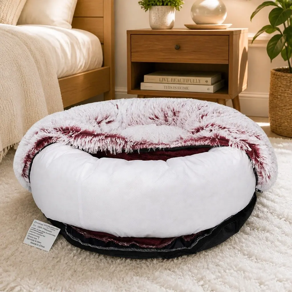 Pet Donut Bed Calming Nest Cat Dog Medium Pink Plush Comfort Anxiety Relief