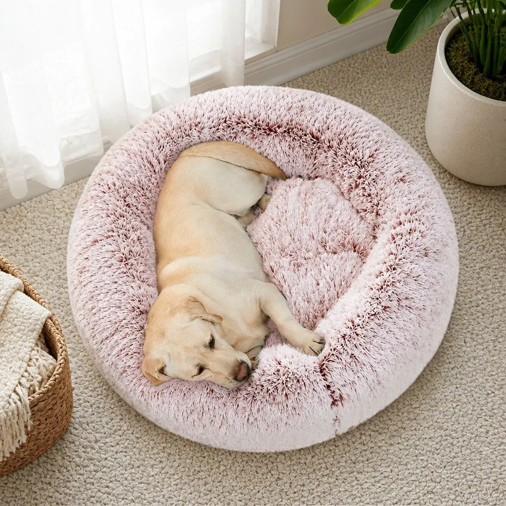 Pet Donut Bed Calming Nest Cat Dog Medium Pink Plush Comfort Anxiety Relief