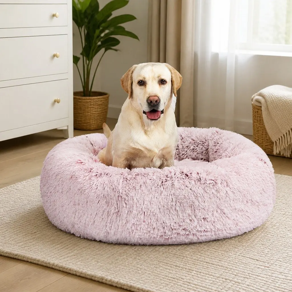 Pet Donut Bed Calming Nest Cat Dog Medium Pink Plush Comfort Anxiety Relief