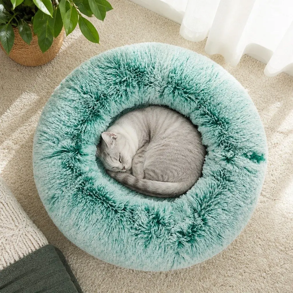 Medium Teal Plush Donut Pet Bed with Raised Rim