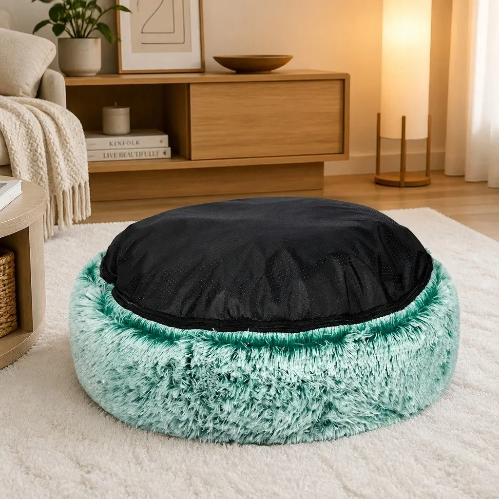Medium Teal Plush Donut Pet Bed with Raised Rim