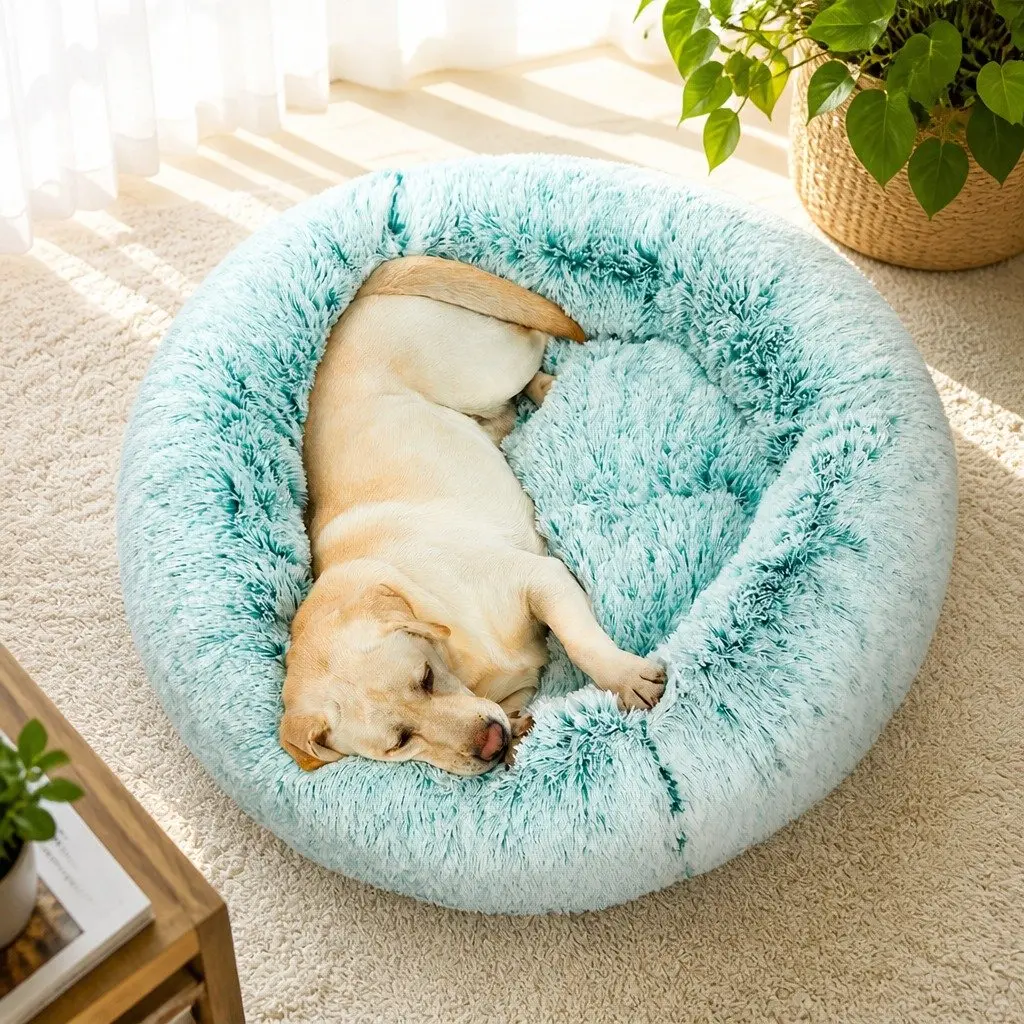 Medium Teal Plush Donut Pet Bed with Raised Rim