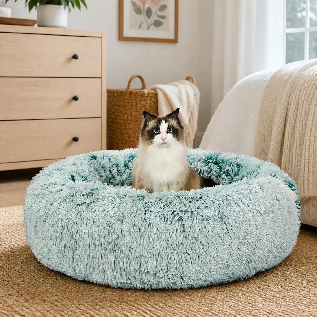 Medium Teal Plush Donut Pet Bed with Raised Rim