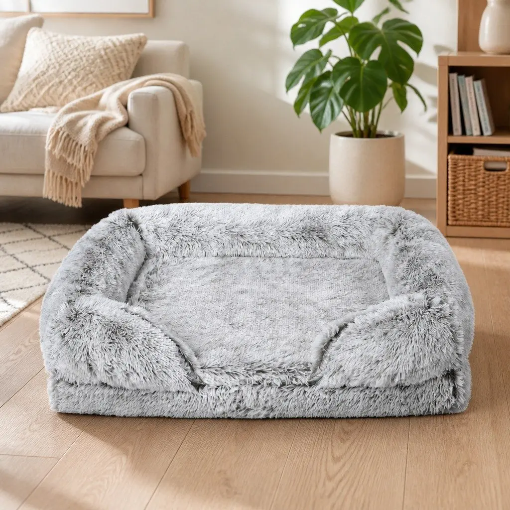 Large Dog Bed Memory Foam Plush Orthopedic Supportive Bolster Grey 112cm x 86.4cm x 23cm