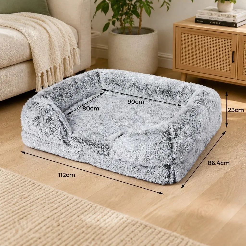 Large Dog Bed Memory Foam Plush Orthopedic Supportive Bolster Grey 112cm x 86.4cm x 23cm