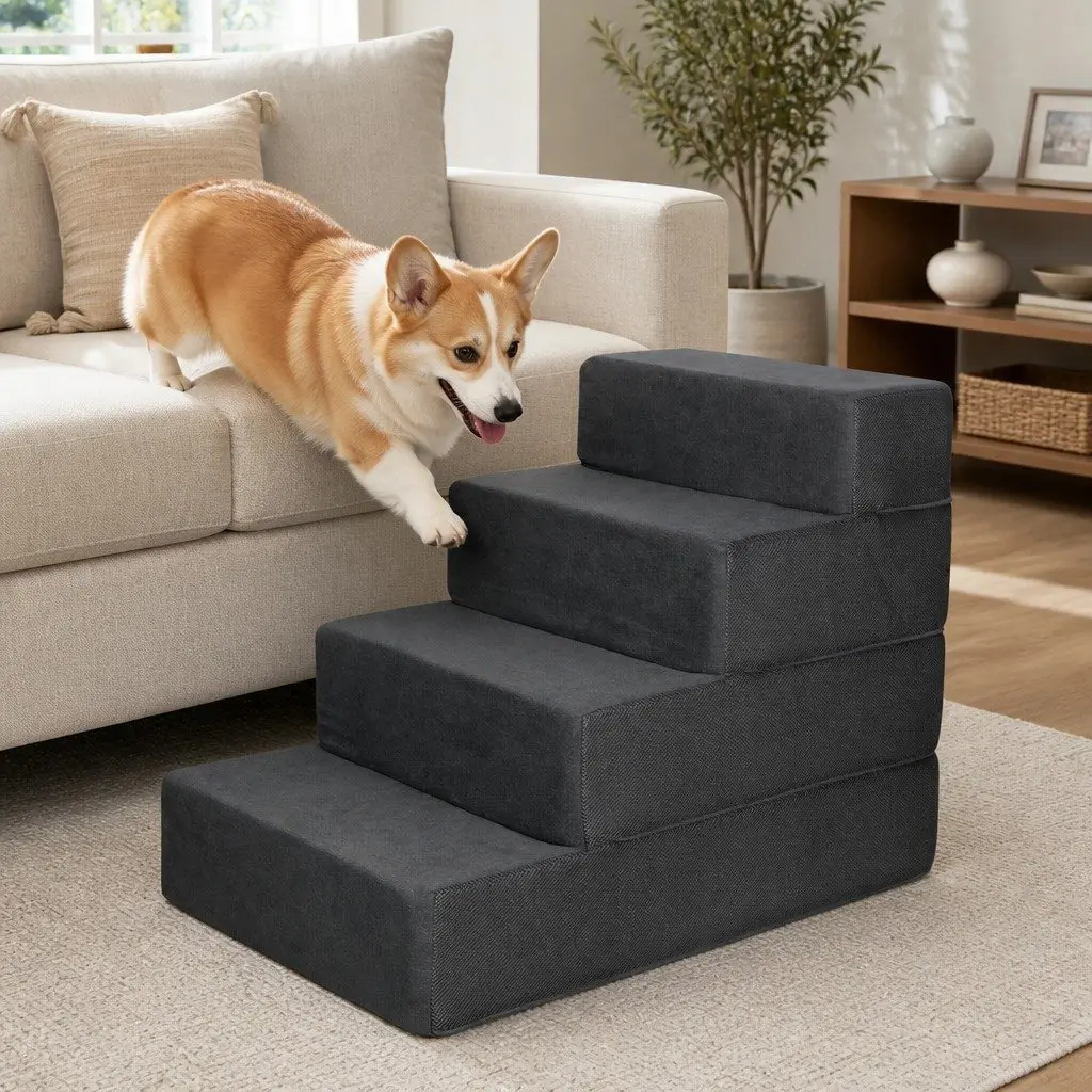 Pet Stairs Terry Cloth Adjustable Height Grey