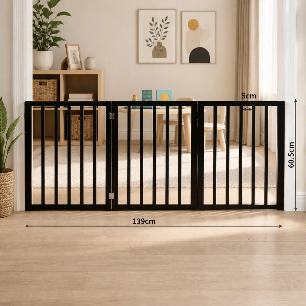 Wooden Pet Gate 3 Panels Expandable Indoor Outdoor Black