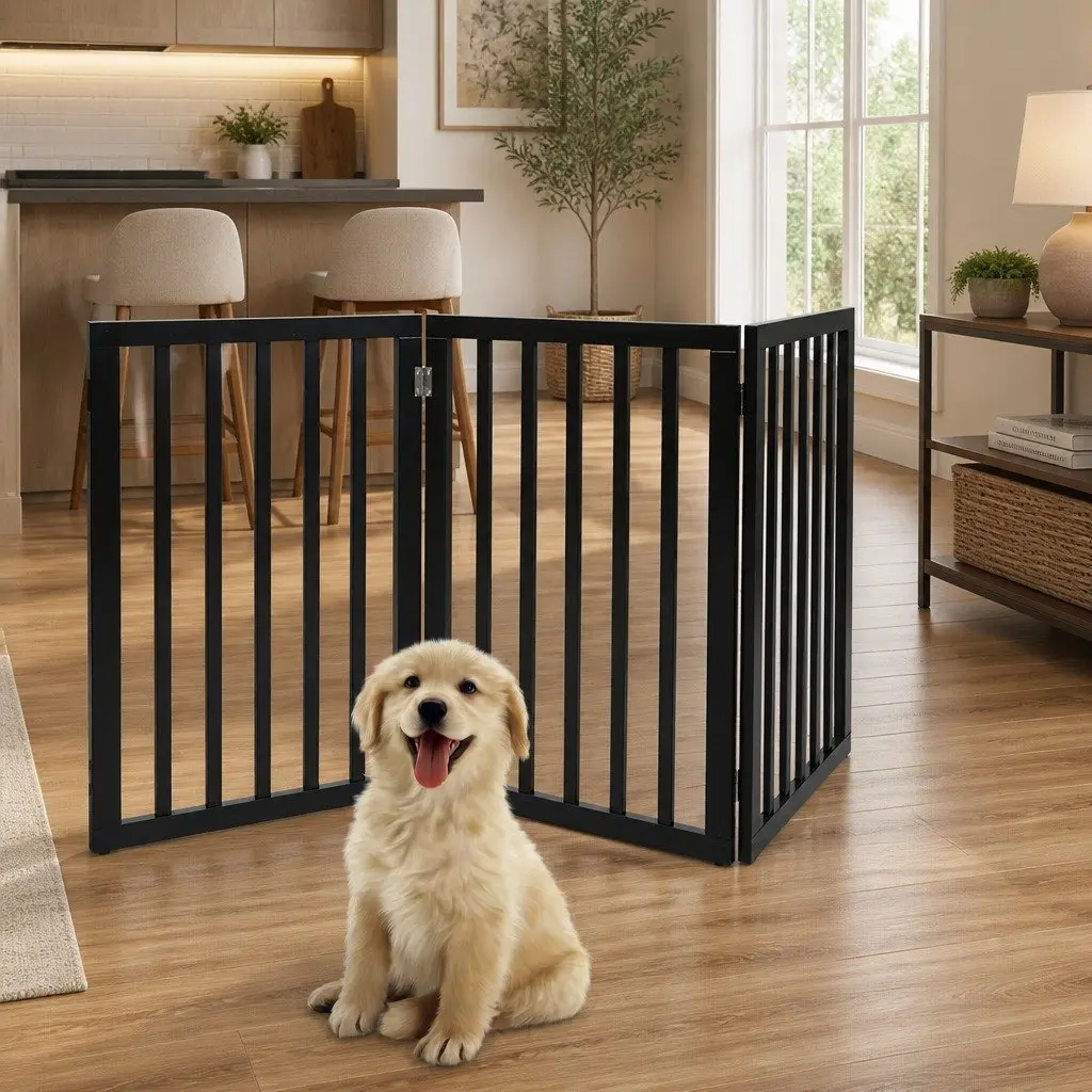 Wooden Pet Gate 3 Panels Expandable Indoor Outdoor Black