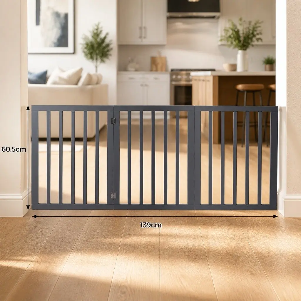 Wooden Pet Gate MDF Foldable Free Standing Indoor Barrier Safety Grey 139cm x 60.5cm