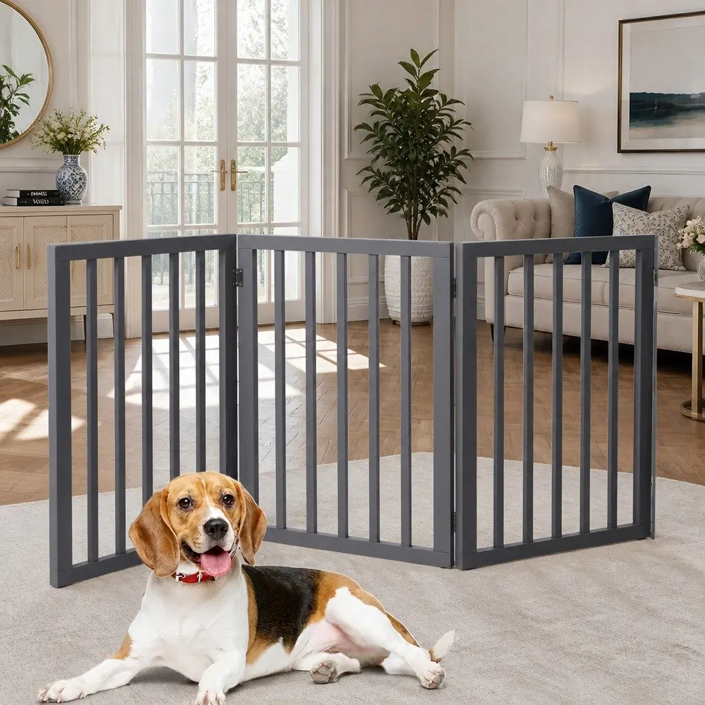 Wooden Pet Gate MDF Foldable Free Standing Indoor Barrier Safety Grey 139cm x 60.5cm