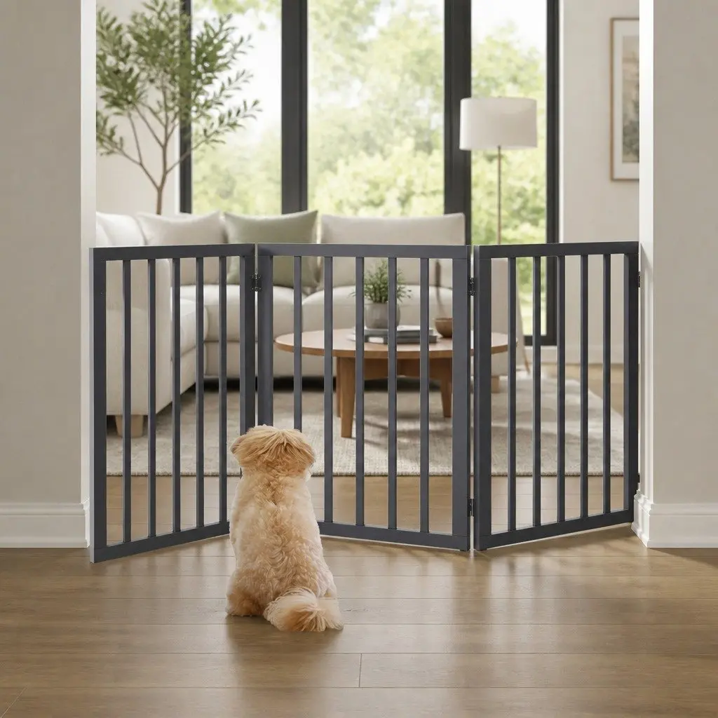 Wooden Pet Gate MDF Foldable Free Standing Indoor Barrier Safety Grey 139cm x 60.5cm