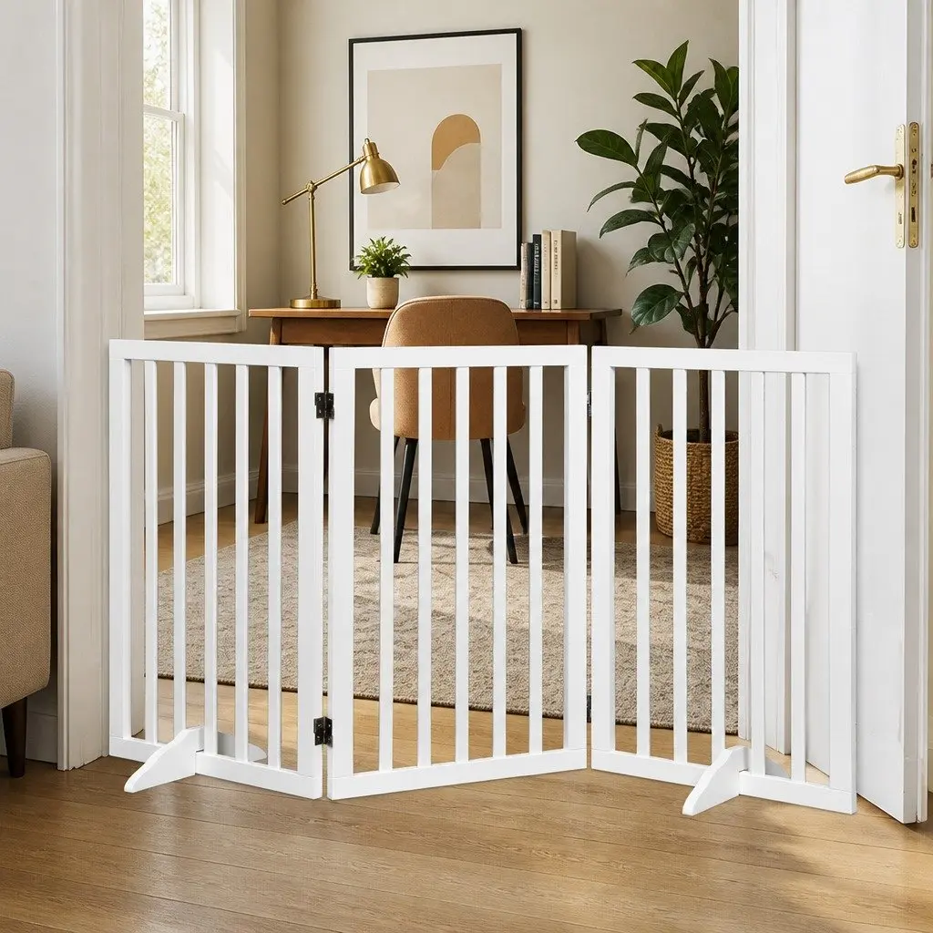 Wooden Pet Gate MDF 3 Panel White Foldable Dog Fence Safety Barrier Indoor Outdoor Playpen Puppy
