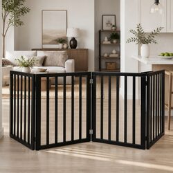 Wooden 4-Panel Dog Fence Barrier for Indoors & Outdoors