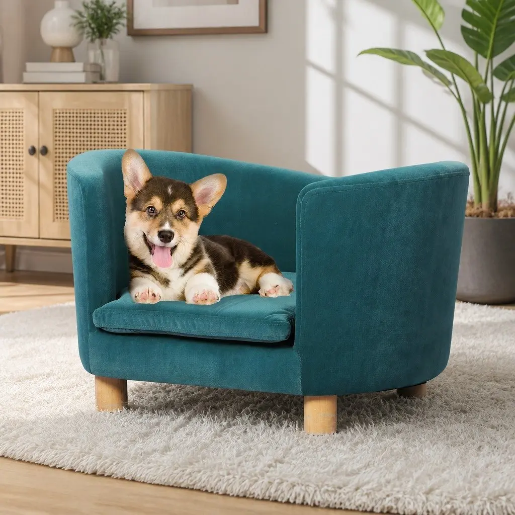 Pet Sofa Bed MDF Foam Pine Wood 63cm x 43cm x 38cm Blue