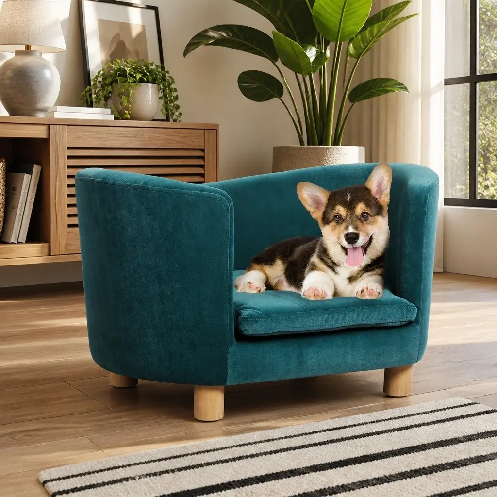 Pet Sofa Bed MDF Foam Pine Wood 63cm x 43cm x 38cm Blue
