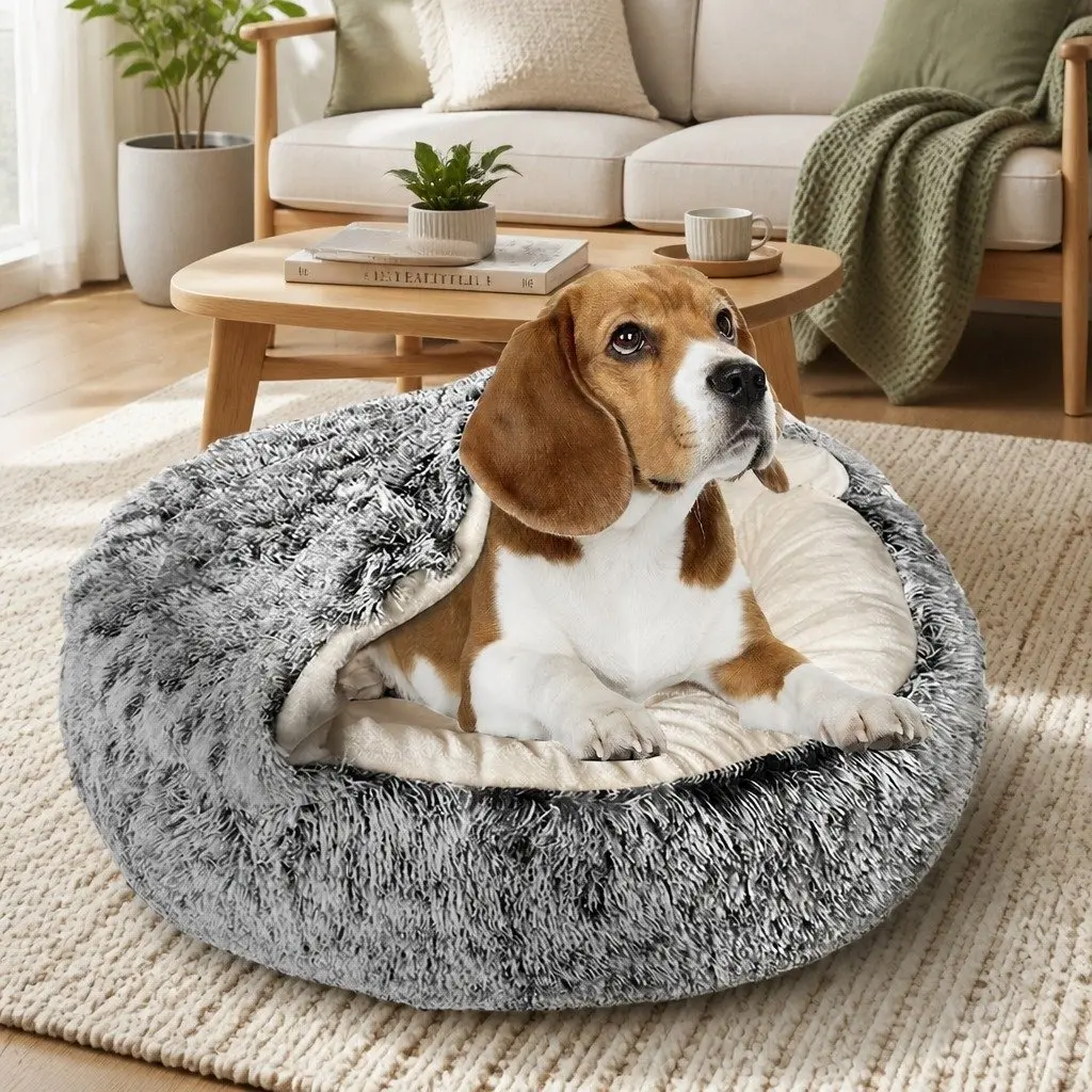 Plush Medium Cave Dog Bed with Waterproof Bottom