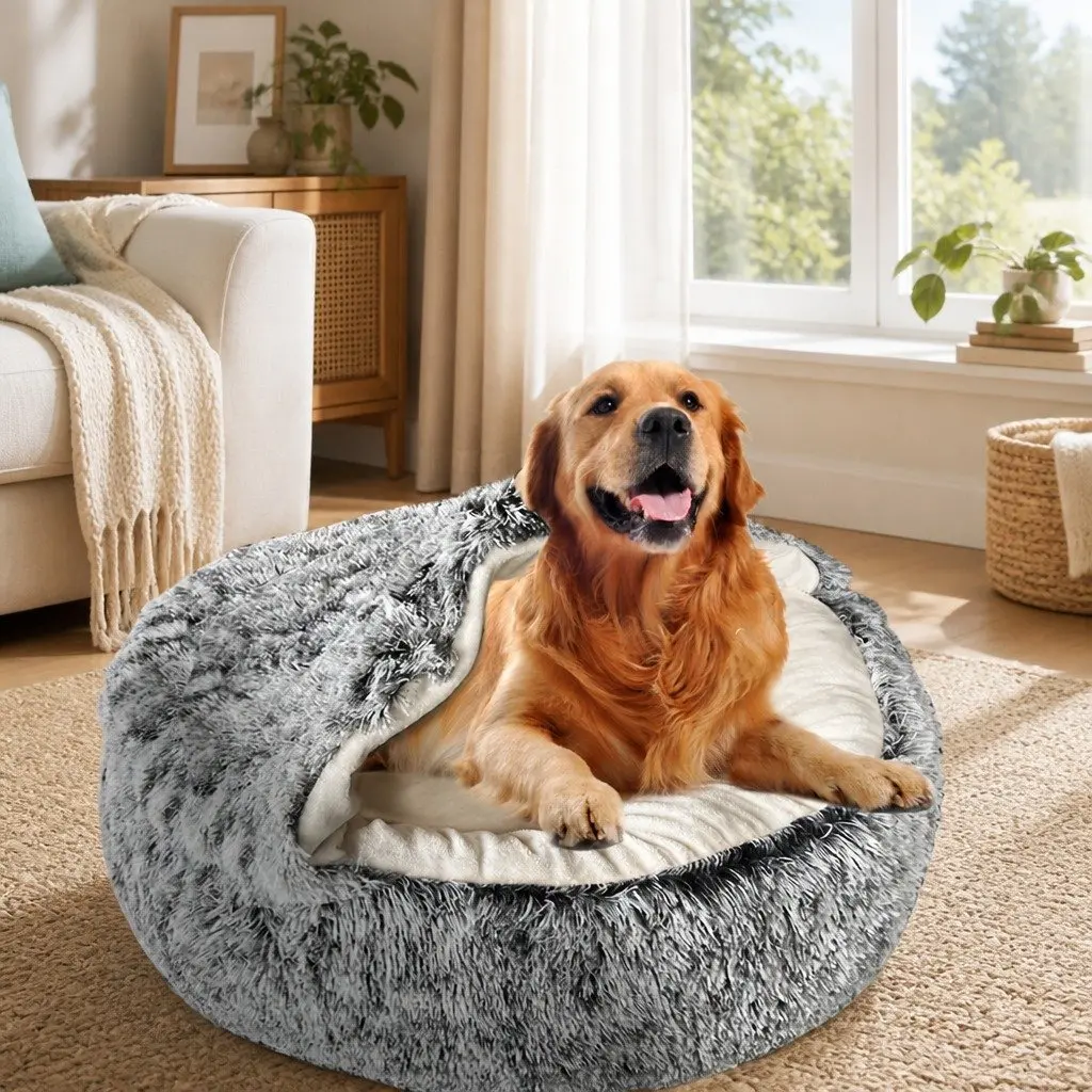 Pet Bed Polyester XL Charcoal Semi-Enclosed Cave Warm Soft Plush