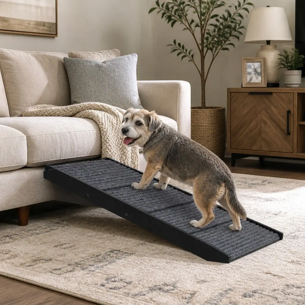 Adjustable Pet Ramp Wooden Carpet 3 Height Settings Black