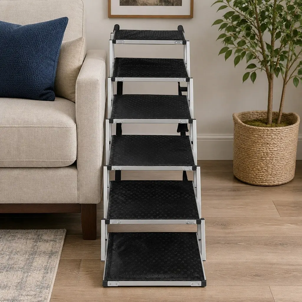 Pet Ramp Aluminium 6 Steps Adjustable Height Foldable Portable Black