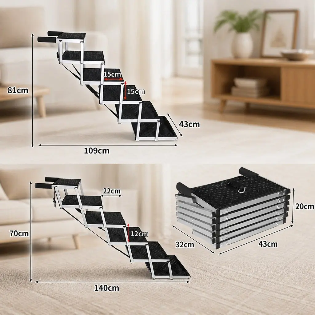 Pet Ramp Aluminium 6 Steps Adjustable Height Foldable Portable Black