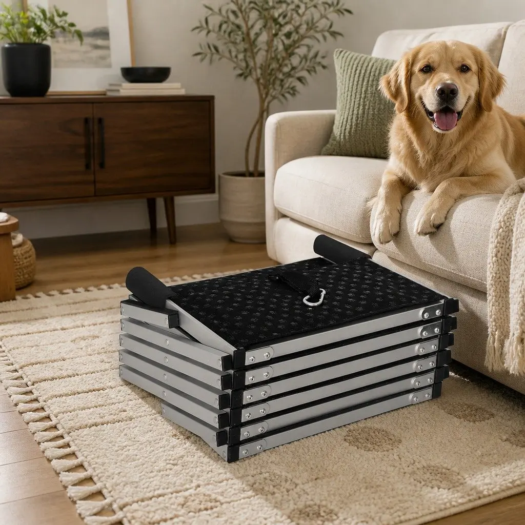 Pet Ramp Aluminium 6 Steps Adjustable Height Foldable Portable Black