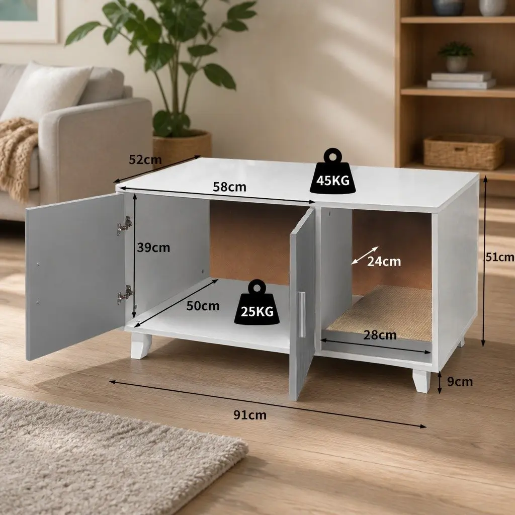Cat Litter Box Enclosure Cabinet Wooden MDF Grey Indoor Side Table