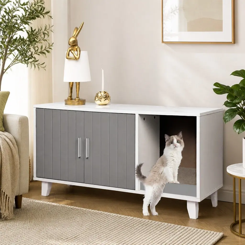 Cat Litter Box Enclosure Cabinet Wooden MDF Grey Indoor Side Table