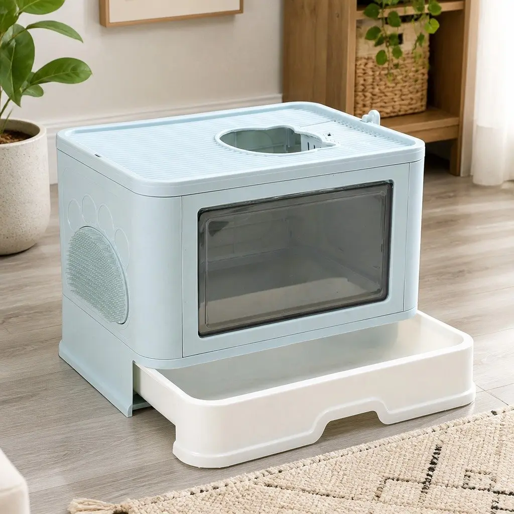 Blue Foldable Cat Litter Box with Entry Doors
