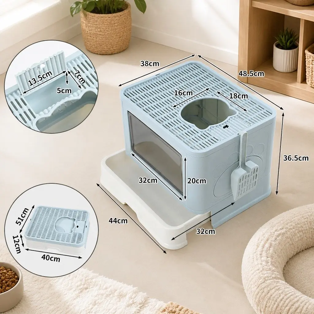 Blue Foldable Cat Litter Box with Entry Doors