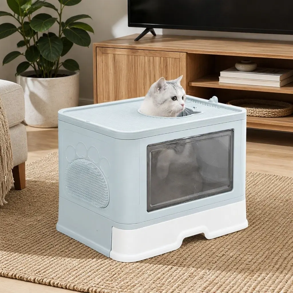 Blue Foldable Cat Litter Box with Entry Doors