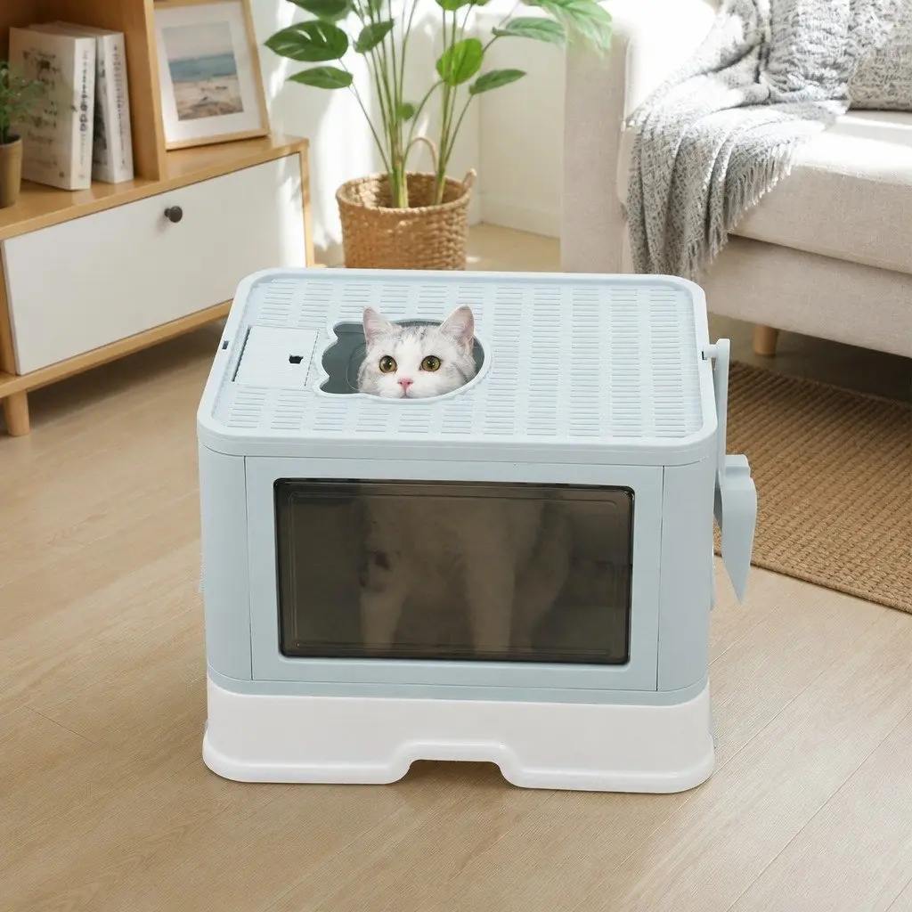 Blue Foldable Cat Litter Box with Entry Doors
