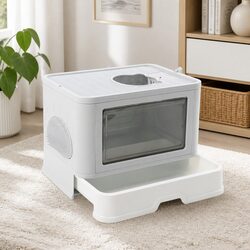 Foldable Cat Litter Box Enclosed Entry Exit Door Removable Drawer Shovel Grey