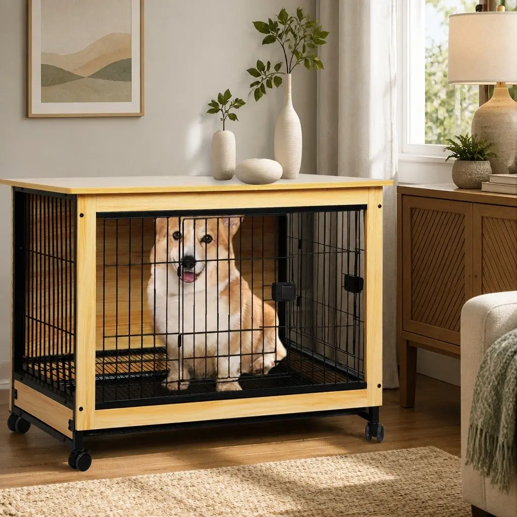 Wooden Dog Kennel Side End Table with Tray