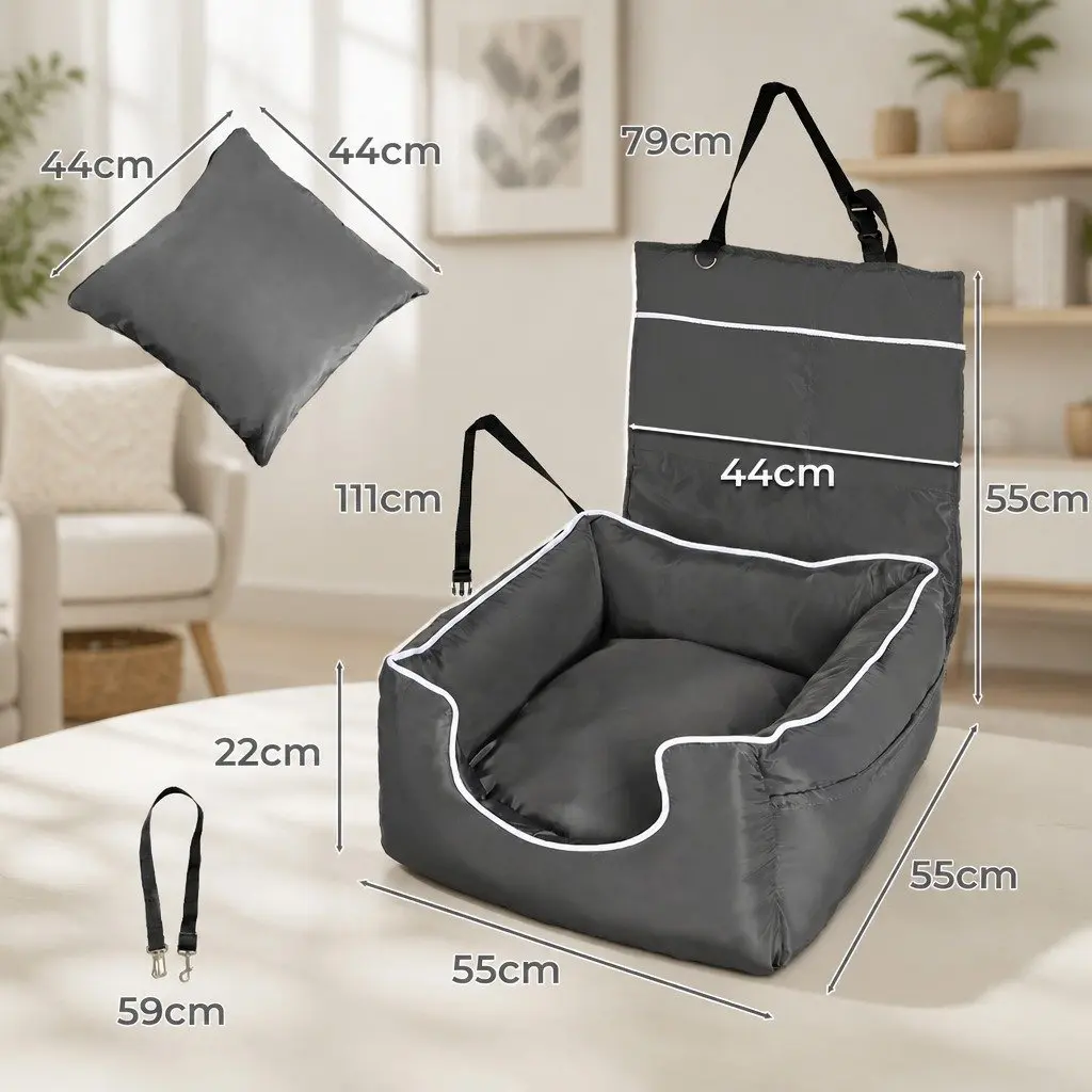 Dog Booster Seat Grey Waterproof Travel Carrier Bed with Double-Sided Cushion 55cm