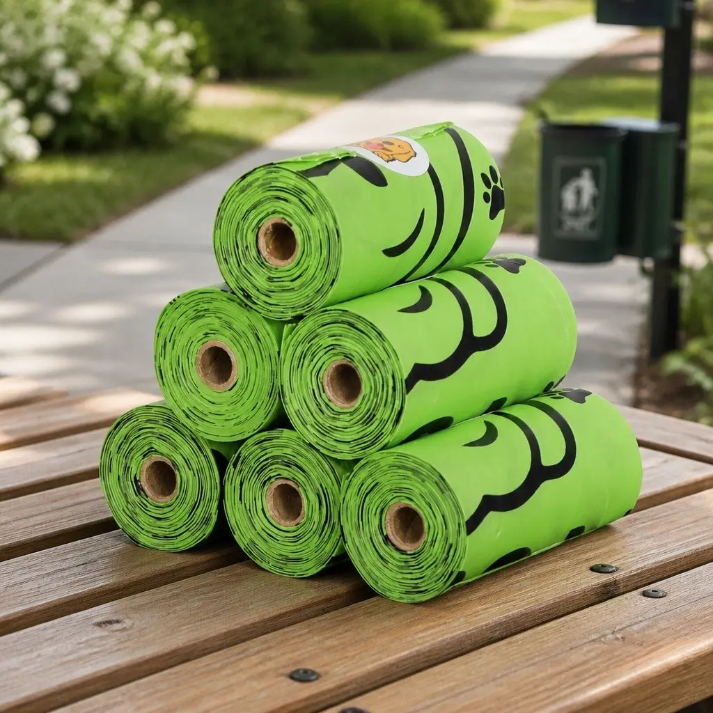 Compostable Dog Poop Bags Biobased Material 23cm x 33cm Green Jasmine Scented Dispenser