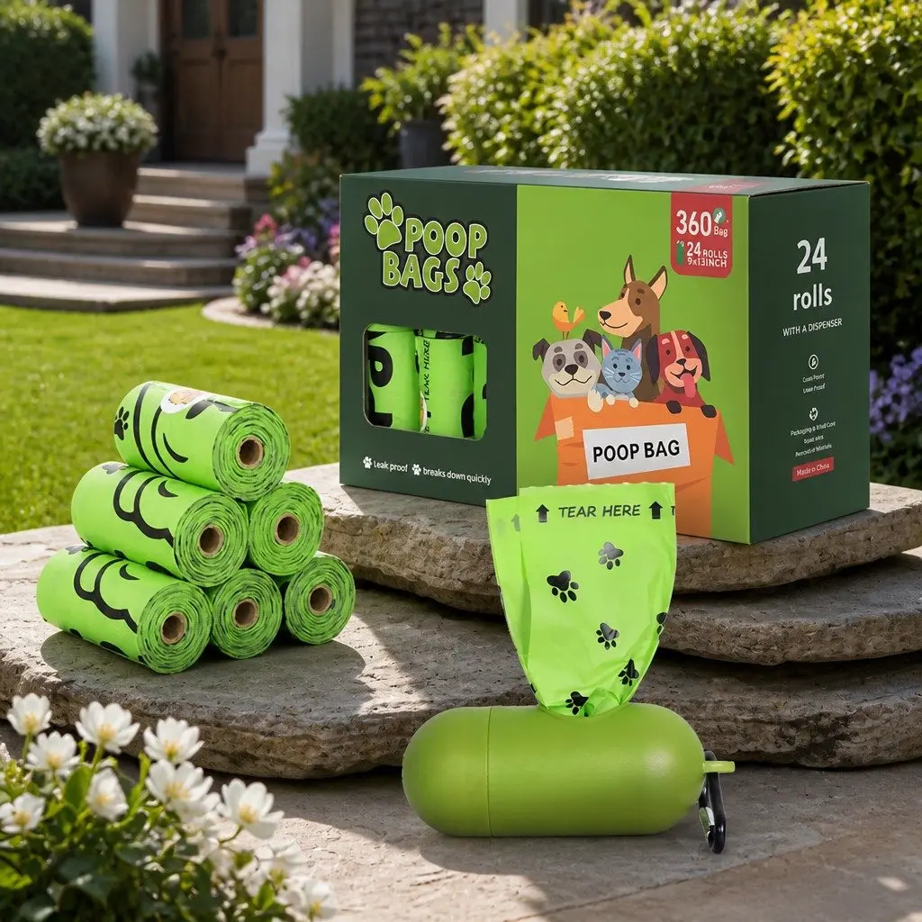 Compostable Dog Poop Bags Biobased Material 23cm x 33cm Green Jasmine Scented Dispenser