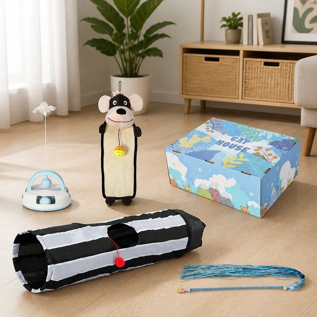 Interactive Cat Toy Set with Tunnel and Scratching Pad