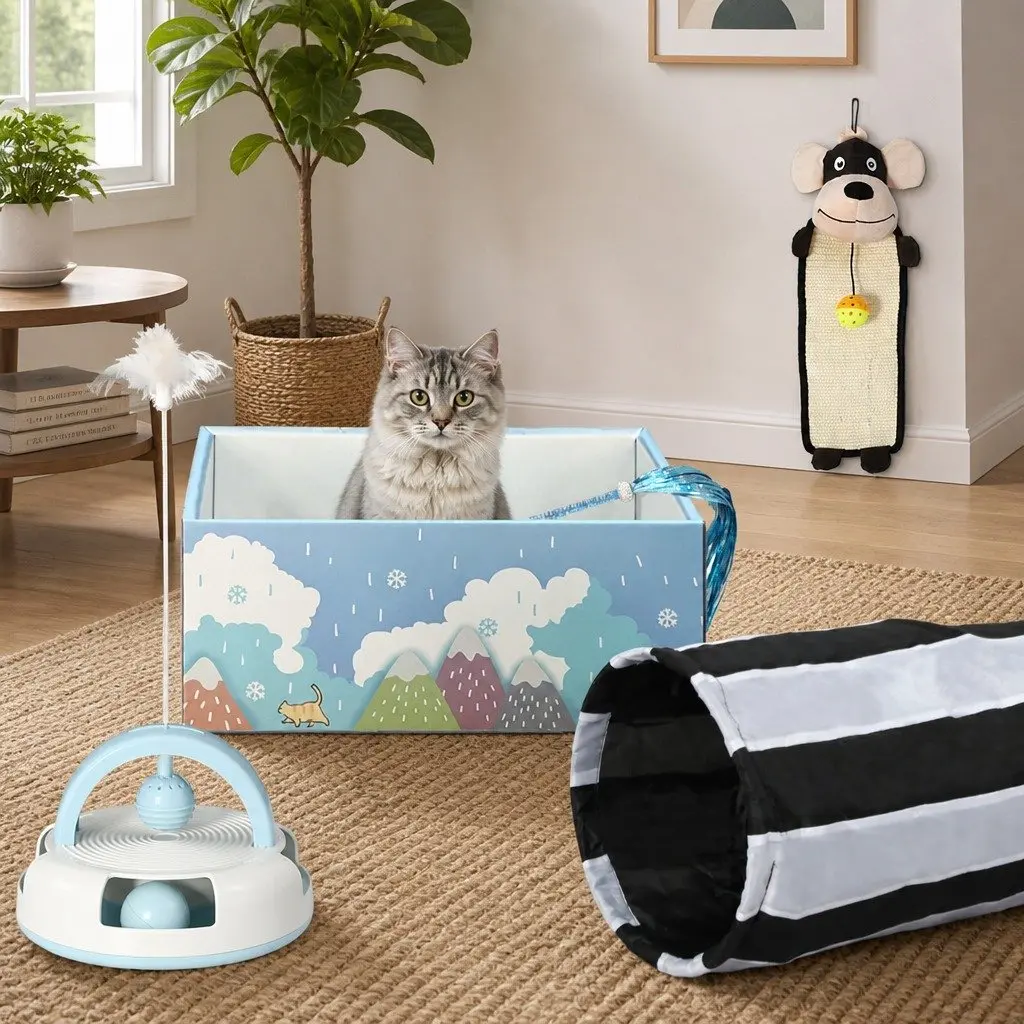 Interactive Cat Toy Set with Tunnel and Scratching Pad