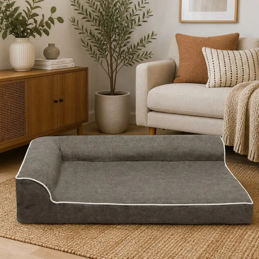 Large Memory Foam Orthopedic Dog Bed L-Shaped Bolster Sofa Coffee