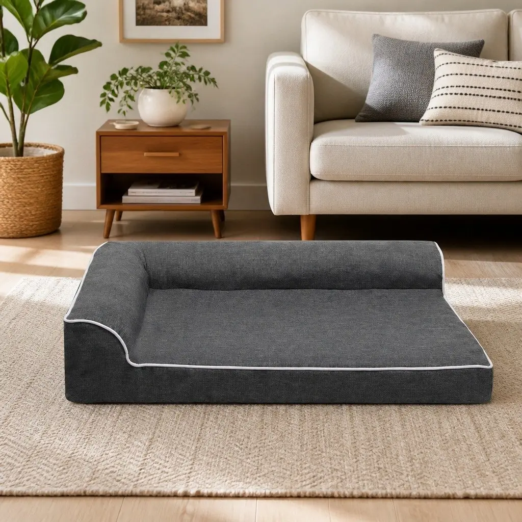 Orthopedic Dog Bed Large Grey Memory Foam Pet Sofa Bolster Lounger Support