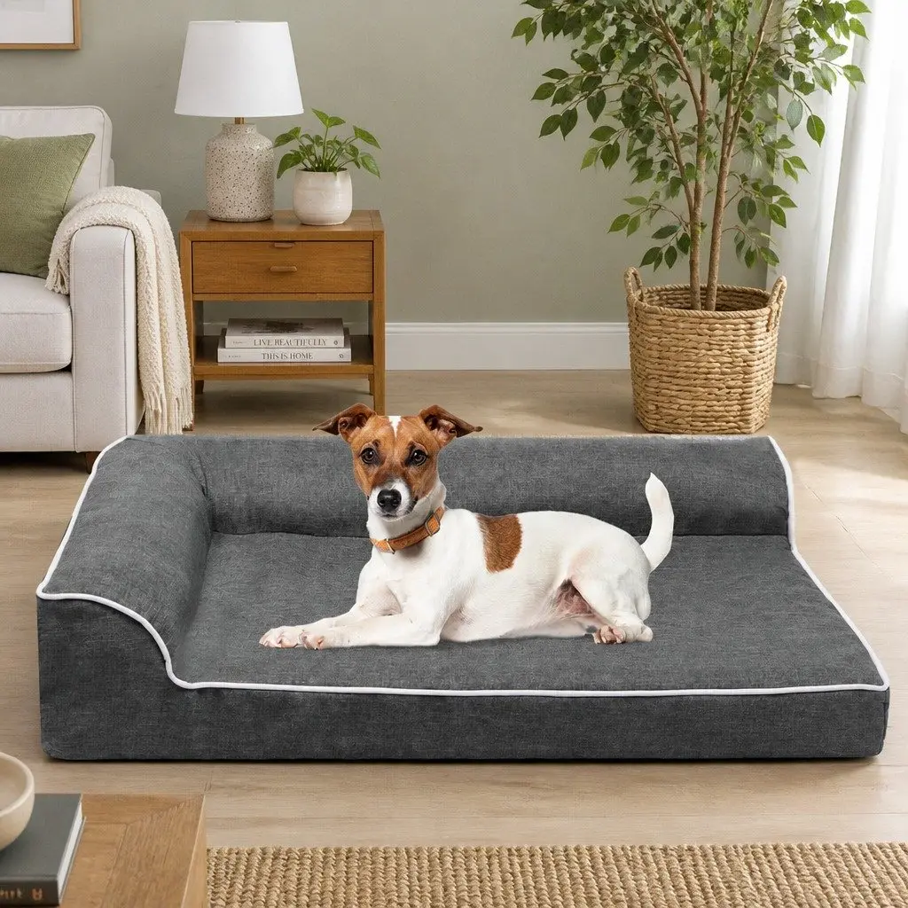 Orthopedic Dog Bed Large Grey Memory Foam Pet Sofa Bolster Lounger Support