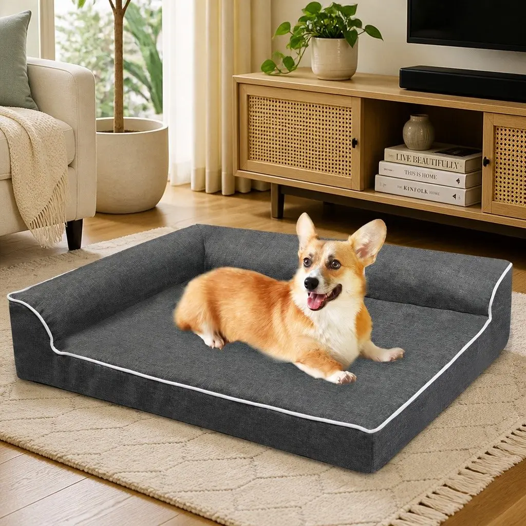 Orthopedic Dog Bed Large Grey Memory Foam Pet Sofa Bolster Lounger Support