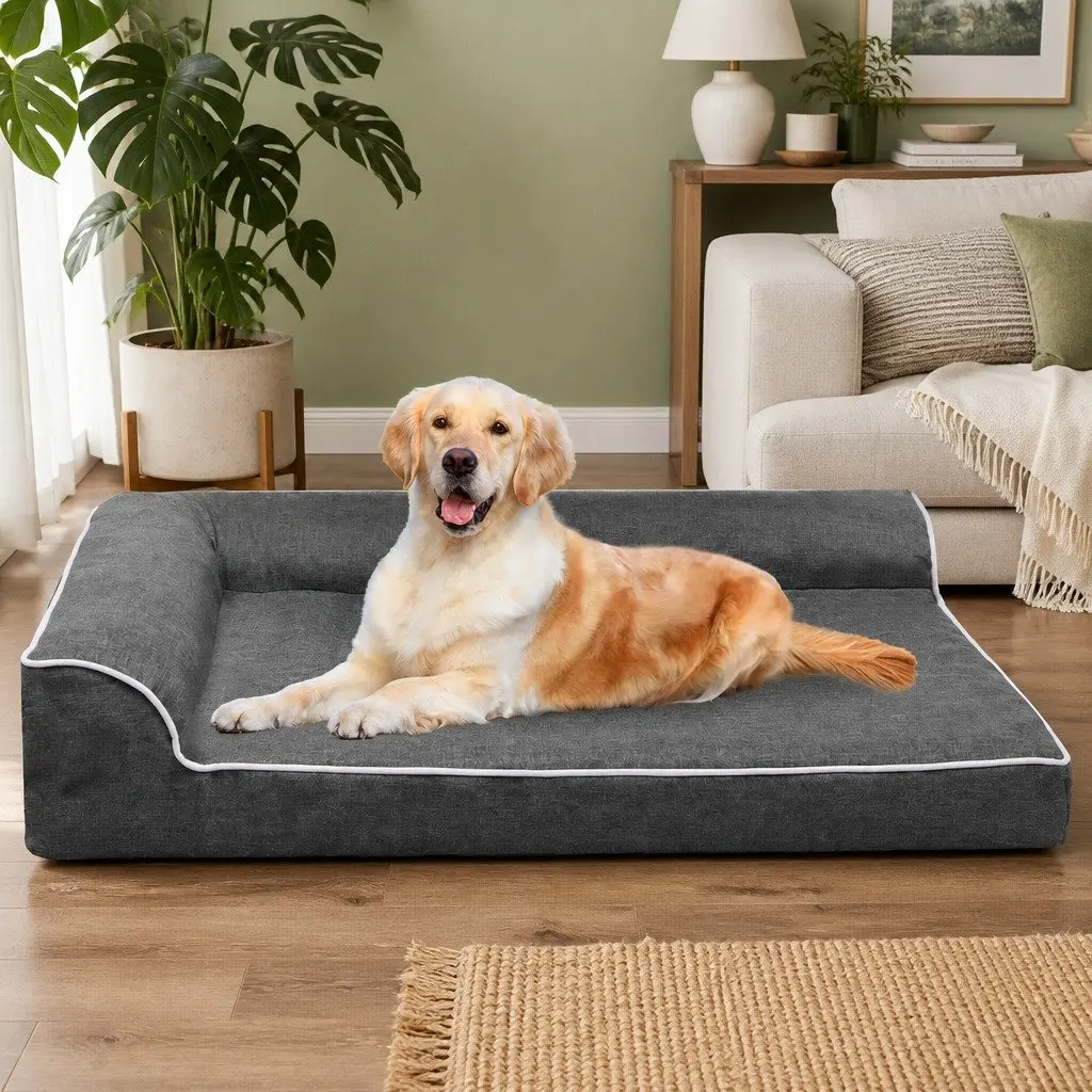 Orthopedic Dog Bed Memory Foam XXL L-Shaped Bolster Grey 122cm x 89cm x 19cm