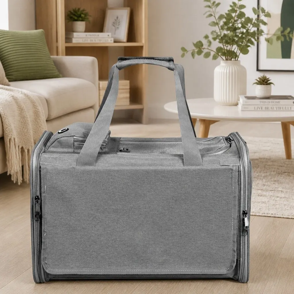 Pet Carrier Bag Oxford Fabric M Size Grey Foldable Portable Dog Cat Travel Crate