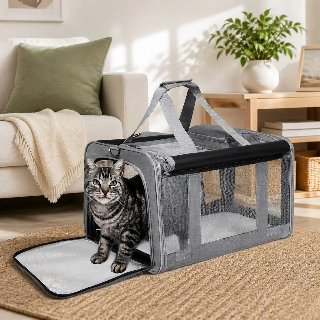 Pet Carrier Bag Oxford Fabric M Size Grey Foldable Portable Dog Cat Travel Crate