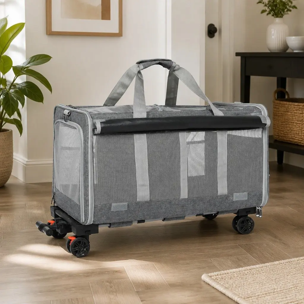 Pet Carrier Oxford Fabric 60cm x 38cm x 45cm Grey 4 Wheel Rolling Foldable Dog Cat Travel Crate Backpack Trolley