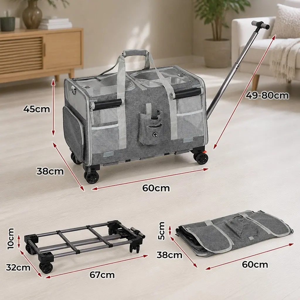 Pet Carrier Oxford Fabric 60cm x 38cm x 45cm Grey 4 Wheel Rolling Foldable Dog Cat Travel Crate Backpack Trolley
